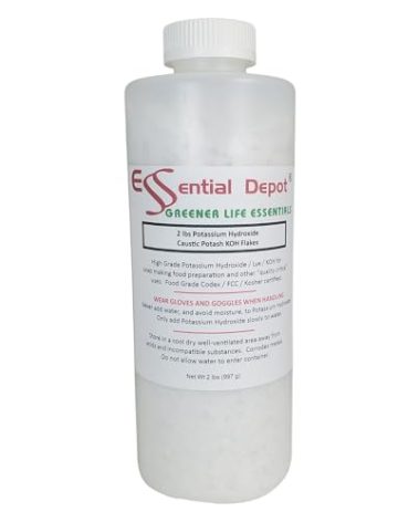 Essential Depot Potassium Hydroxide Flakes KOH, 2 lbs Caustic Potash Anhydrous KOH Dry Electrolyte - HDPE Container with Resealable Child Resistant Cap