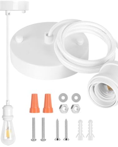Rkoyes Upgraded White Pendant Light kit, UL E26/E27 Lamp Socket with Aluminium Enclosure Pendant Light Cord, Industrial Hanging Light Cord Kit with Adjustable Length, Mini Edison Retro Lamp Socket