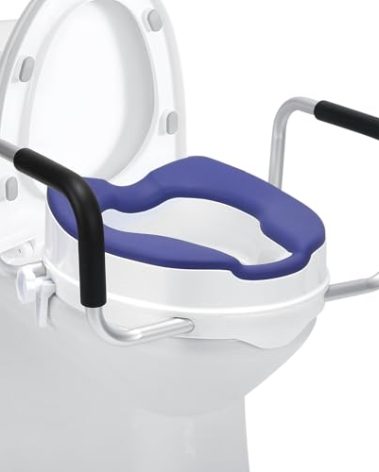 Raised Toilet Seat with Handles, 4'' Toilet Seat Riser for Seniors with TPR Padded and Aluminum Arms, Toilet Safety Riser for Most Toilet (Blue)