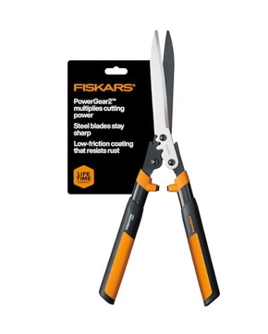 Fiskars 23-Inch Hedge Shears, Bush Trimmer with PowerGear2 Technology that Multiplies Power for Less Effort, SoftGrip Handles with Shock-Absorbing Bumpers