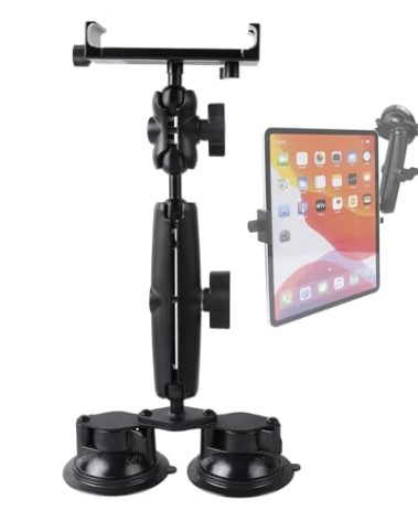 Aluminum Tablet Holder for All iPad, 360° adjustable Secure Double Suction Cup Mount for Car Truck Windshield,Sunroof, Compatible with iPad Pro 12.9 Mini Air, Galaxy Tabs and 4.7-15" Tablets