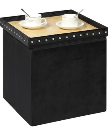 B FSOBEIIALEO Storage-Ottoman Cube-Folding Tufted - Ottomans with Storage, Coffee Table Top Cover, Footrest Stool for Bedroom, Luxury Velvet Fabric 15.7 Inches Black
