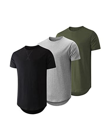 JMIERR Men's 3 Pack Cotton Hipster Hip Hop Longline Crewneck T-Shirt, Short Sleeve Gym Workout Athletic T Shirts for Men Pack,4XL, Black/Light Grey/Army Green