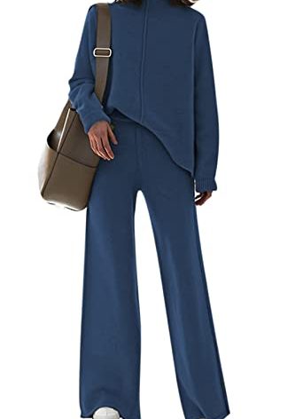 AOHITE Womens 2 Piece Outfit Sets Knit Pullover Sweater Top and Wide Leg Pants Lounge Sweatsuit Tracksuit Navy Small