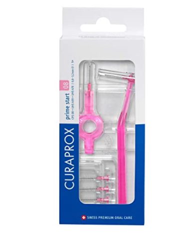 Curaprox CPS 08 Prime Start Interdental Brush Kit, Pink - 5 x 0.8mm - 3.22mm Interdental Brushes + 2 Interdental Toothbrush Holders