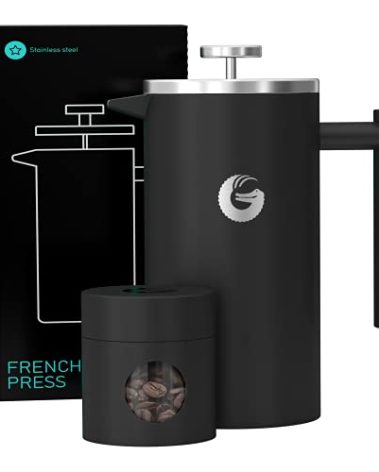 Coffee Gator 304 Grade Stainless Steel French Press Coffee Maker 34 oz, Double Wall Insulated Hot Cold Brew Teapot with 4-Level Filtration System, Include Travel Jar Canister, Rust-Free, Travel, Black
