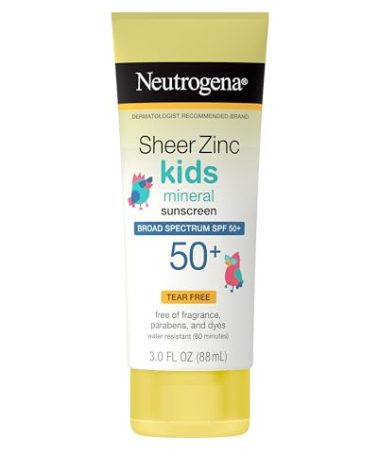 Neutrogena Sheer Zinc Oxide Kids Mineral Sunscreen Lotion, Broad Spectrum SPF 50+ with UVA/UVB Protection, Water-Resistant for 80 Minutes, Paraben-, Dye-, Fragrance- & Tear Free, 3 fl. oz