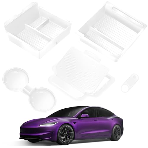 TSLDRV Center Console Organizer Tray for Tesla Model Y Juniper Accessories 2025 2026/For Tesla Model 3 Highland Accessories 2024 2025 2026 [Slide Smoothly/US Patent] Cup Holder White