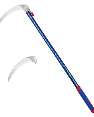 DWFKHT Detachable Grass Sickle, Folding Harvest Scythe Tool with Carbon Steel Blade and Anti-Slip Rubber Handle, Includes 1 Spare Blade, Lightweight Sickle Garden Tool Long Handle for Garden and Yard