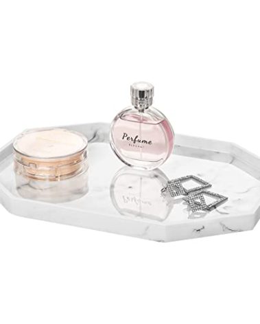Shinowa Decorative Vanity Tray, Large Octagon Resin Perfume & Jewelry Tray in White Marble for Bathroom, Bedroom, Living Room, Kitchen