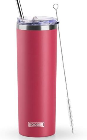 koodee 20 oz Skinny Tumbler with Straw, Stainless Steel Double Wall Insulated Slim Tumbler for Women/Men Diy Birthday Gift (Wine Red)