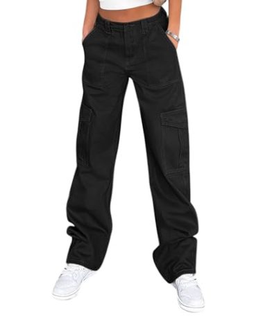 Lepunuo Cargo Pants Women Wide Leg High Waisted Button Down Straight Long Trousers Black