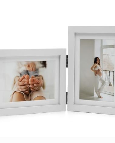 Janreefan Double Horizontal & Vertical Picture Frames Hinged Folding Photo Frames in White Made of Pine Wood with Real Glass for Wall Hanging or Tabletop Standing, Display Pictures 4x6 with Mat or 5x7