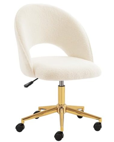 Furnimart Swivel Rolling Desk Chair, Adjustable Faux Fur Vanity Chair with Gold Legs, Cute Task Chair with Wheels for Living Room Bedroom Studying Small Places (Faux Fur White)