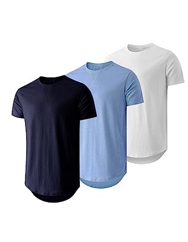 JMIERR Men's 3 Pack Cotton Hipster Hip Hop Longline Crewneck T-Shirt, Short Sleeve Gym Workout Athletic T Shirts for Men Pack,XL, Navy Blue/Sky Blue/White