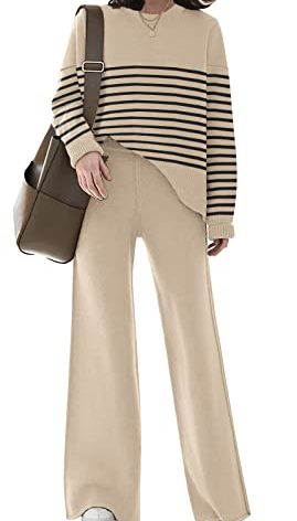 ETCYY NEW Womens Elegant Lounge Sets Knitted Sweatsuit Sets 2 Piece Outfits with Sweater Tops and Wide Leg Sweatpants