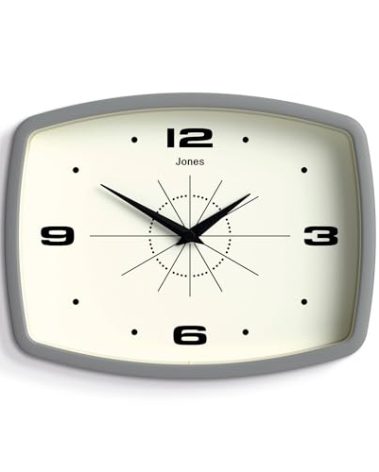 JONES CLOCKS® Movie Wall Clock | Rectangular Retro Clock | 10 inch | Gray | Cool mid-Century Designer Look for Kitchen, Living Room or Office