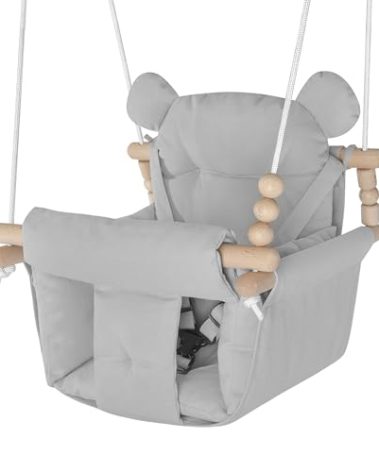 Baby Swing Indoor Outdoor,Secure Canvas Wooden Toddler Swing Seat, 3-Point Adjustable Safety Harness,Mounting Hardware Included,Gift for Boys and Girls, Grey