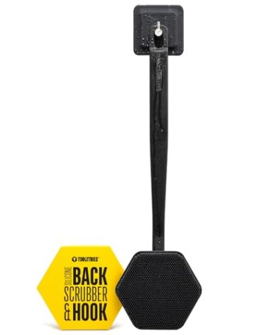 TOOLETRIES Silicone Back Scrubber with Hook - Exfoliating Shower Brush, Back Washer for Men, Durable Back Brush with Long Handle - Long Lasting Bath & Shower Accessories - Charcoal