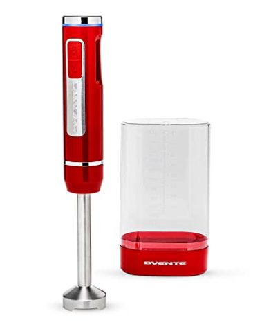 OVENTE Cordless Immersion Hand Blender, Rechargeable Handheld Portable Stick Mixer with 8 Mixing Speed Option, One-Touch Control and Stainless Steel Blades for Smoothies, Shakes or Soups, Red HR781R