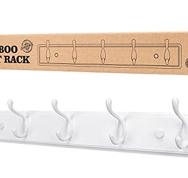 Wooden Coat Rack, Wall-Mounted Organizer for Closet, Entryway, Hallway, Foyer, Bedroom, Heavy Duty Double Hooks for Hanging Towels, Bags, Hats, Jackets, Key (White, 5 Hooks)
