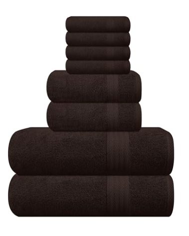 GLAMBURG Ultra Soft 8-Piece Towel Set - 100% Pure Ringspun Cotton, Contains 2 Oversized Bath Towels 27x54, 2 Hand Towels 16x28, 4 Wash Cloths 13x13 - Ideal for Everyday use - Chocolate Brown