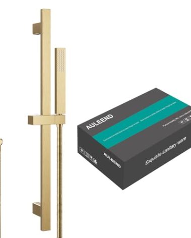 AULEEND Shower Slide Bar Handheld Shower Head with Hose, 5-Function Hand Shower with Wall Mount，shower slide bar,adjustable height shower head (B-square, Brushed Gold)