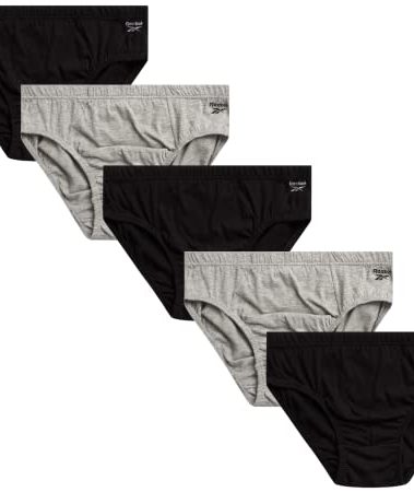 Reebok Mens Low Rise Briefs - 5 Pack Soft Cotton Mens Underwear Briefs with Supportive Contour Pouch for Everyday Wear, Size Large, Black/Grey