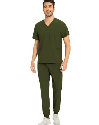 COZYFIT Men Scrubs Set — Stretch V-Neck Scrub Top & Jogger Pant with 8 Pockets, Yoga Waistband, Anti-Wrinkle Scrubs for Men - Olive Green, L