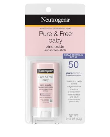 Neutrogena Pure & Free Baby Mineral Sunscreen Stick with Broad Spectrum SPF 50 & Zinc Oxide, Water-Resistant, Hypoallergenic, Paraben-, Dye- & PABA-Free Baby Face & Body Sunscreen, 0.47 oz