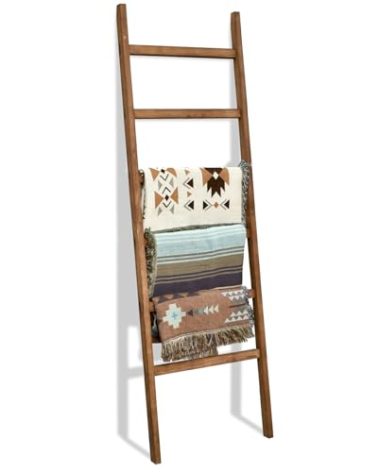 FUIN 6.4ft Extra Wide Wooden Blanket Ladder Living Room Decorative Wal Leaning Farmhouse Quilt Display Holder Rustic Wood Towel Rack for Bathroom, Brown, 24 inch Wide