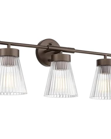 Bathroom Vanity Light Fixture, HWH 3-Light Farmhouse Vanity Lights Over Mirror Bathroom Lighting Fixtures with Clear Striped Glass Shade, Oil-Rubbed Bronze Finish, 5HZG97B-3W ORB