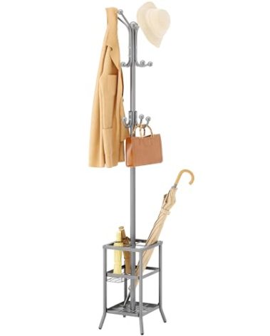 FAVOOSTY Coat Rack Freestanding,Coat Rack Stand with Umbrella Holder,Metal Coat Tree with 12 Hooks,Tree Clothes Hat for Entryway, Hallway, Bedroom, Living Room & Office - Silver Grey