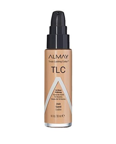 Almay Liquid Foundation, Truly Lasting Color, Long Wearing Natural Finish, Vitamin E and Lemon Extract, Hypoallergenic, Cruelty-Free, Dermatologist Tested, 260 Sand, 1 fl oz