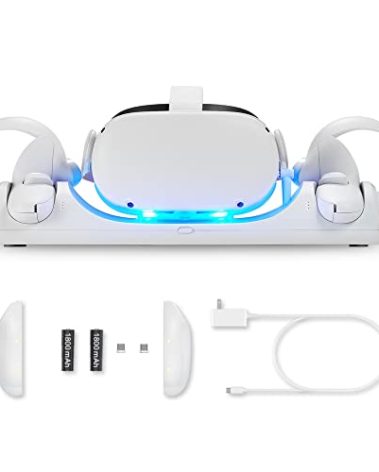 BINBOK VR Charging Dock for Meta Quest 2 with LED Light, Magnetic Charging Station for Oculus Quest 2 VR Headset and Touch Controllers, with 2 Rechargeable Batteries/Type-C Charger Cable