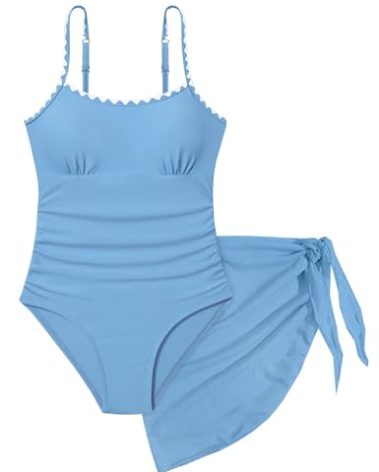 TALLWH Girls Bathing Suit Color Contrast Trim Swimsuit for Girls 14-16 Adjustable Straps One Piece Swimsuit with Solid Color Cover Up Skirt