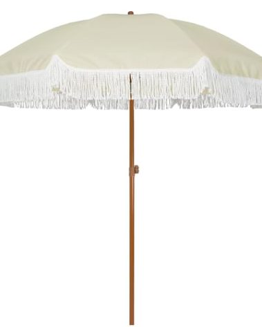 AMMSUN 7ft Patio Umbrella with Fringe Outdoor Tassel Umbrella UPF50+ Premium Steel Pole and Ribs Push Button Tilt, Light Beige