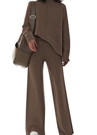 Fixmatti Women's 2 Piece Sweatsuit Long Sleeve Knit Sweater Tops Wide Leg Pants Set Knitted Outfits Birthday Coffee L