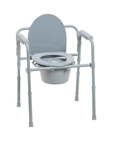 Drive Medical 11148-1 Folding Steel Bedside Commode Chair, Portable Toilet, Supports Individuals Weighing Up To 350 Lbs, with 7.5 Qt. Bucket and 13.5 Inch Seat, Grey