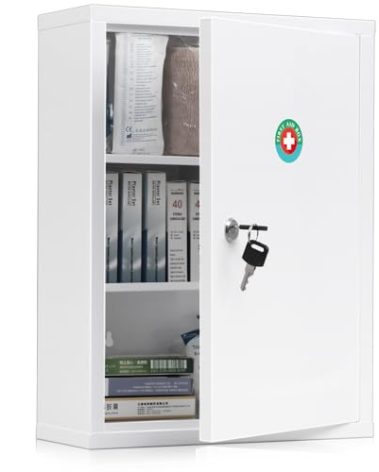 KYODOLED Wall Mount Locking Medicine Cabinet, Large Capacity First Aid Cabinet for Bathroom, Medicine Cabinet with Key, Secure Steel Lock Box for Medication, 15.75" H x 11.82" W x 4.72" D, White