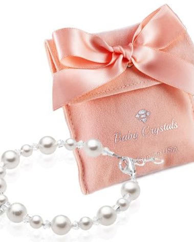 Baby Crystals Pearl Bracelets for Girls, Sterling Silver Cross Charm, Baptism Gifts for Girl, Baby Bracelet with Simulated White Pearls and Crystals, Girls Jewelry Birthday Gift