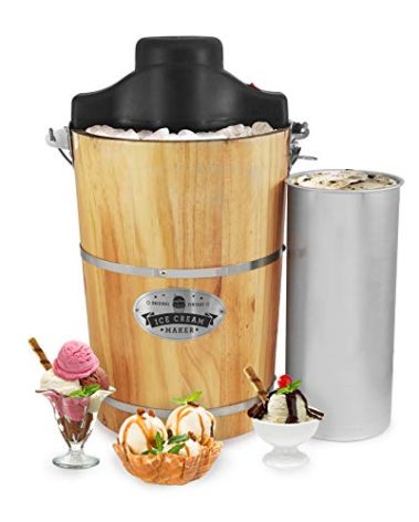 Elite Gourmet EIM916 Old Fashioned 6 Quart Vintage Wood Bucket Electric Ice Cream Maker Machine Appalachian, Bonus Classic Die-Cast Hand Crank for Churning, Uses Ice and Rock Salt