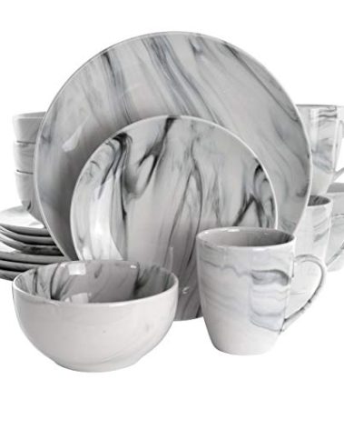 Elama Fine Marble 16 Piece Stoneware Dinnerware Set in Black and White