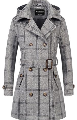 Chrisuno Womens Fall Winter Double Breasted Long Wool Coat Overcoat Grey Plaid L