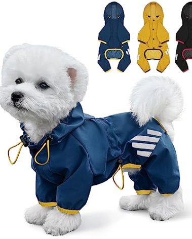 Dog Raincoat, Waterproof Dog Rain Jacket with Hood, Rain Coat with Leash Hole, Reflective Strap for Small Medium Dogs, Lightweight Puppy Clothes(Blue,S)