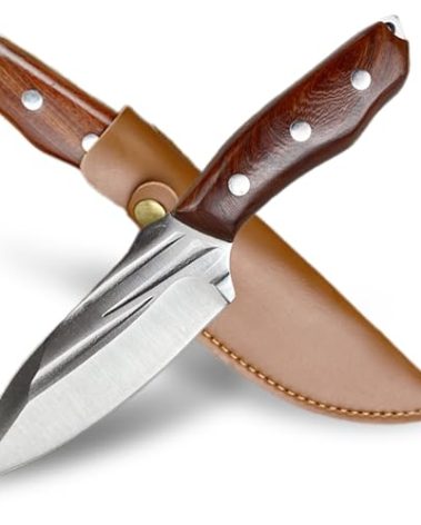 AOSILEY Pocket Fixed Blade Knife with Wood Handle and Leather Sheath for Camping, Outdoor Hunting,Tactical, Survival and EDC