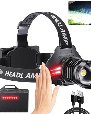 AMAKER LED Rechargeable Headlamp, High Lumens Super Bright with 5 Modes & IPX7 Level Waterproof USB Rechargeable Zoom Headlamp, 90° Adjustable for Outdoor Camping, Running, Cycling, Climbing
