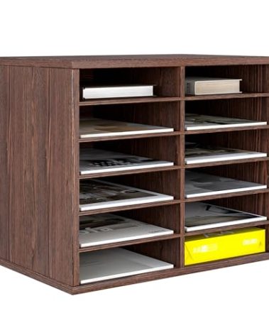 Senhoglb Wood Paper Storage Organiser for Desk, 12 Compartments Wooden File Sorter with Adjustable Shelves, Mail Sorter Organizer Countertop for Office, Home, School,Retro Brown