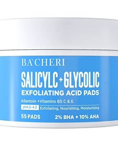 10% Glycolic Acid + 2% Salicylic Acid Peel Pads - BACHERI Resurfacing Pads For Face with Vitamins B5, C & E, Allantoin - Exfoliating Facial Peel for Dark Spots, Blackhead, Acne, 55 Pcs