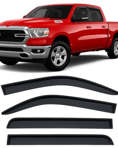 2019-2026 Tape-On Side Window Deflector Visors Compatible with Dodge Ram 1500 Crew Cab Only Smoke Tinted Rain Guards 2020 2021 2022 2023 2024 2025